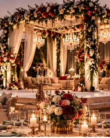 Illustrative floral entry and wedding hospitality setting